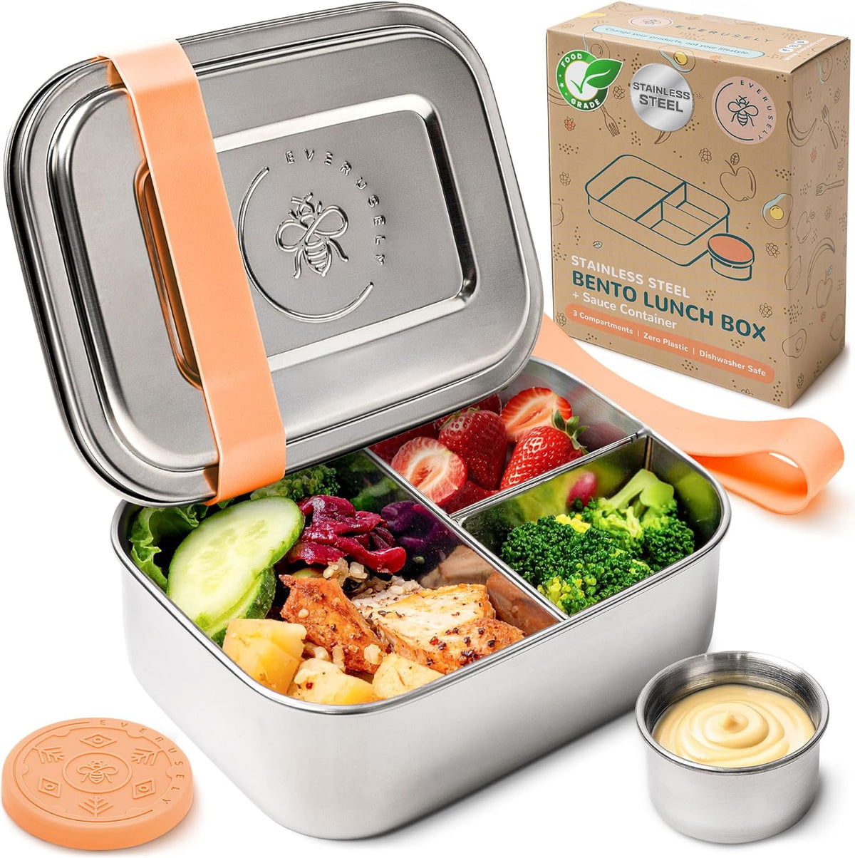 Everusely - Bento Box - Orange, 27oz / 0.8 L - Stainless Steel Lunch Box with Leakproof Condiment Container - 3 Compartment Snack Organizer for On the Go Meals - Freezer & Dishwasher Safe