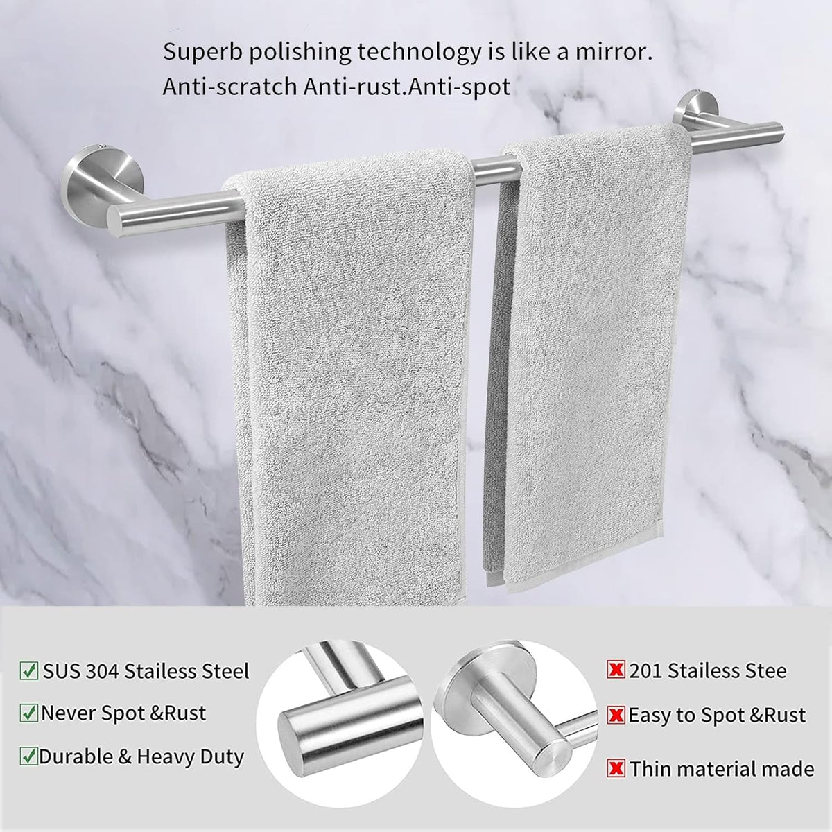 Cilee 2 Pieces Brushed Nickel Bathroom Towel Bar, 16 Inch Double Towel Racks,Bathroom Towel Holder Towel Hanger for Bathroom Stainless Steel Wall Mount