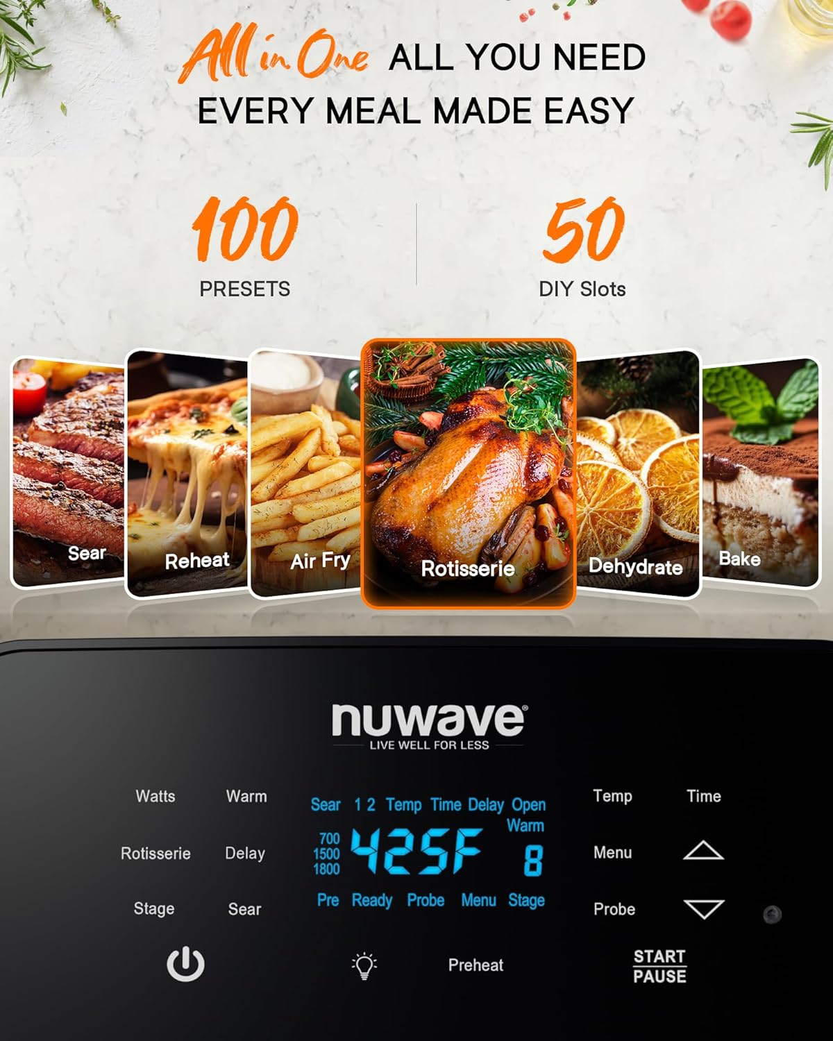 Nuwave Brio 15.5Qt Air Fryer Rotisserie Oven, X-Large Family Size, Powerful 1800W, 4 Rack Positions, 50°-425°F Temp Controls, 100 Presets & 50 Memory, Integrated Smart Thermometer, Linear T Technology