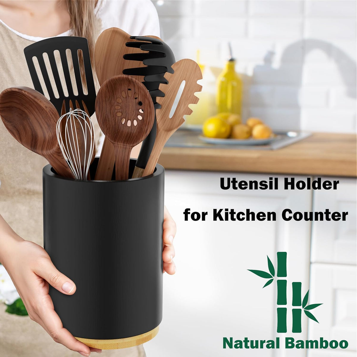 Black Utensil Holder Wood Kitchen Utensil Holder for Countertop, 360°Rotating Cooking Utensil Crock for Counter, 7.2" Large Utensil Organizer for Spatula Kitchen Decor
