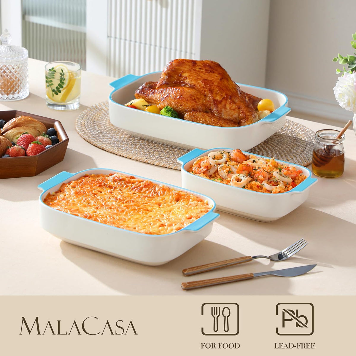 MALACASA Casserole Dishes for Oven, Ceramic Baking Dishes Set of 3, Rectangular Lasagna Pan Deep Baking Pans, Bakeware Sets with Handles Gift Set, White with Blue Trim(13.8''/11.7''/9.4''), Series BAKE