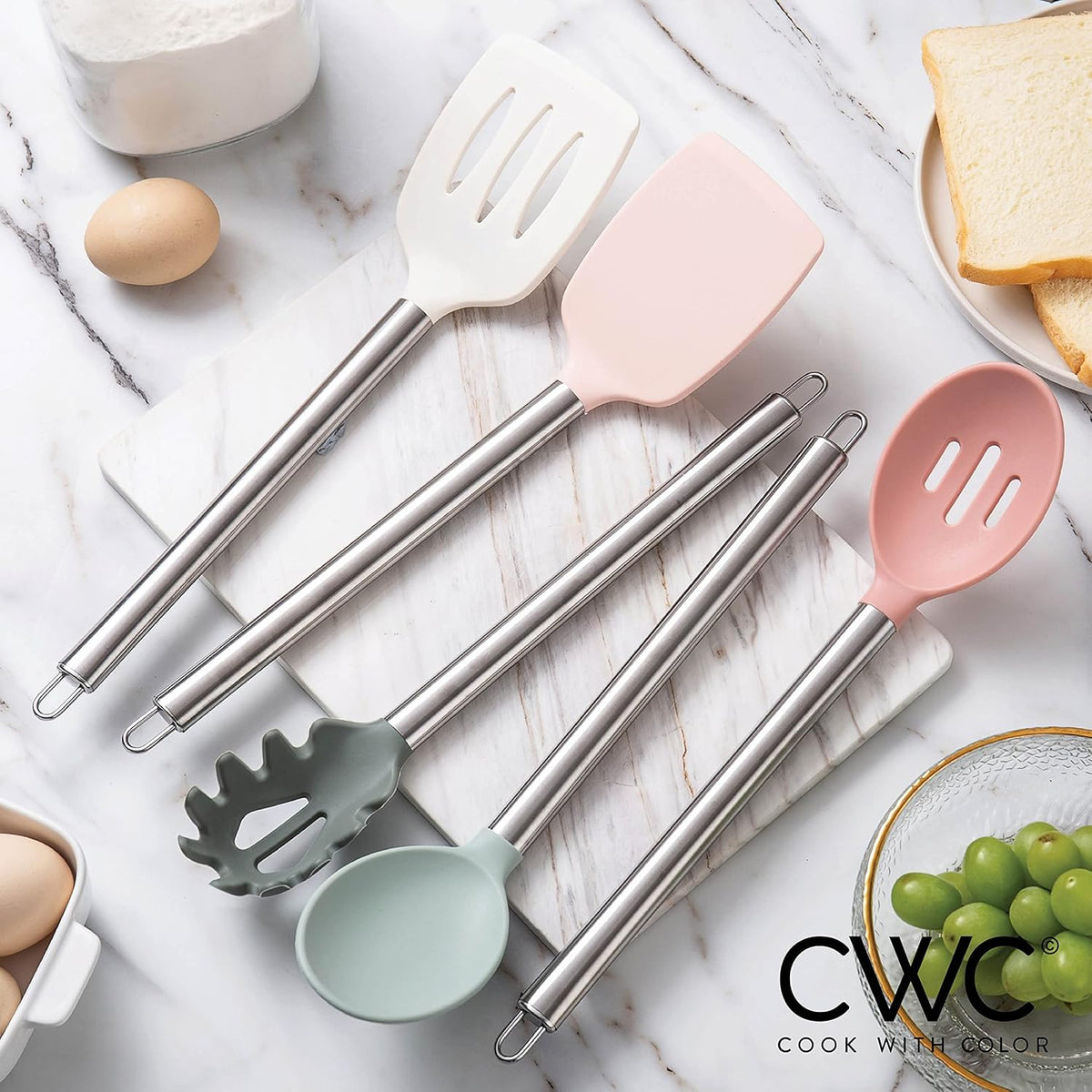 COOK WITH COLOR Silicone Cooking Utensils, Kitchen Utensil Set, Easy to Clean Silicone Kitchen Utensils, Cooking Utensils for Nonstick Cookware, Kitchen Gadgets Set, 5 Pieces, Mint