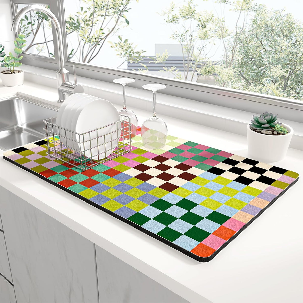 Rnivvi Dish Drying Mat for Kitchen Counter, 12 x 19" Cute Checkered Absorbent Draining Pad, Non-Slip Heat Resistant Coffee Bar Mats for Coffee Machine Station Accessories, Colorful Dish Rack Pad