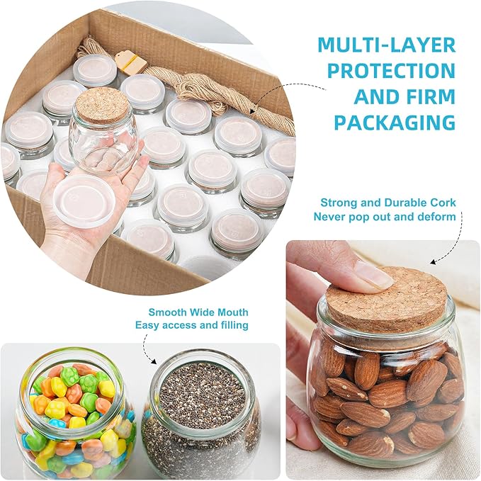 Syntic 40 Pack Small Glass Jars with Cork Lids, 7oz Empty Mason Jars for Making Candles, Yogurt Container with PE Lids for Wedding Favors, Baby Shower, Candy, Spices with Twine, Labels