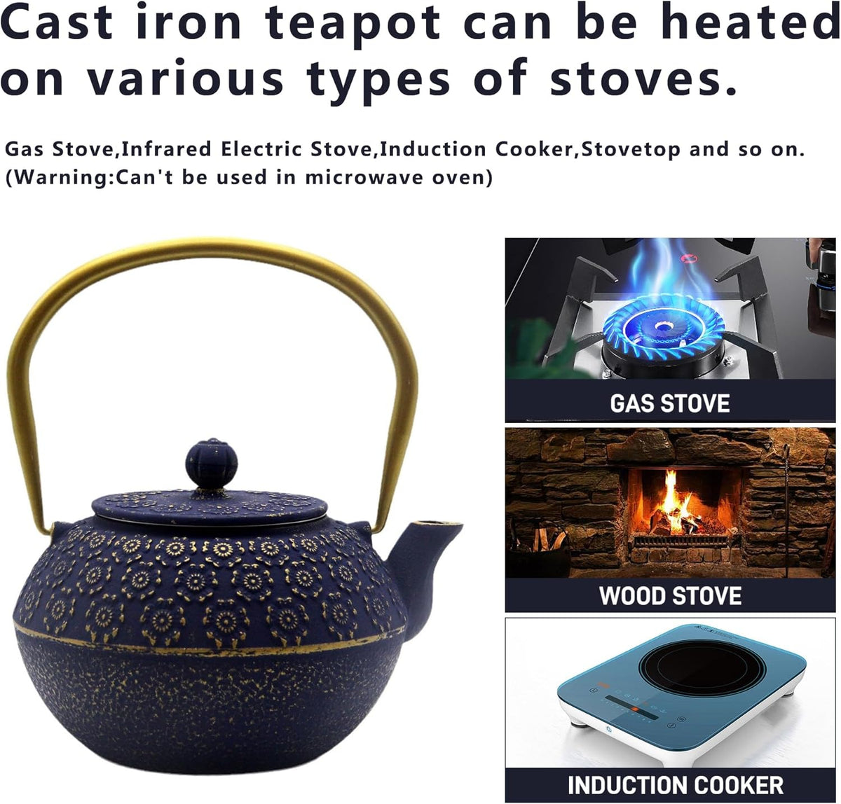 33.8oz Small Cast Iron Tea Kettle for Stovetop, Japanese Tetsubin Tea Pot Coated with Enameled Interior, Durable Cast Iron Teapot with Stainless Steel Infuser for Loose Tea and Tea Bags(1000ml)