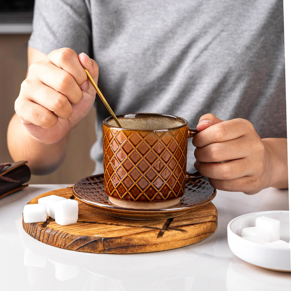 GBHOME 6 OZ Stackable Coffee Mugs, Ceramic Coffee Mugs with Texture Patterns for Man,Woman,Dad,Mom, Modern Coffee Cups Set of 4 for Espresso/Cappuccino. Dishwasher&Microwave Safe,