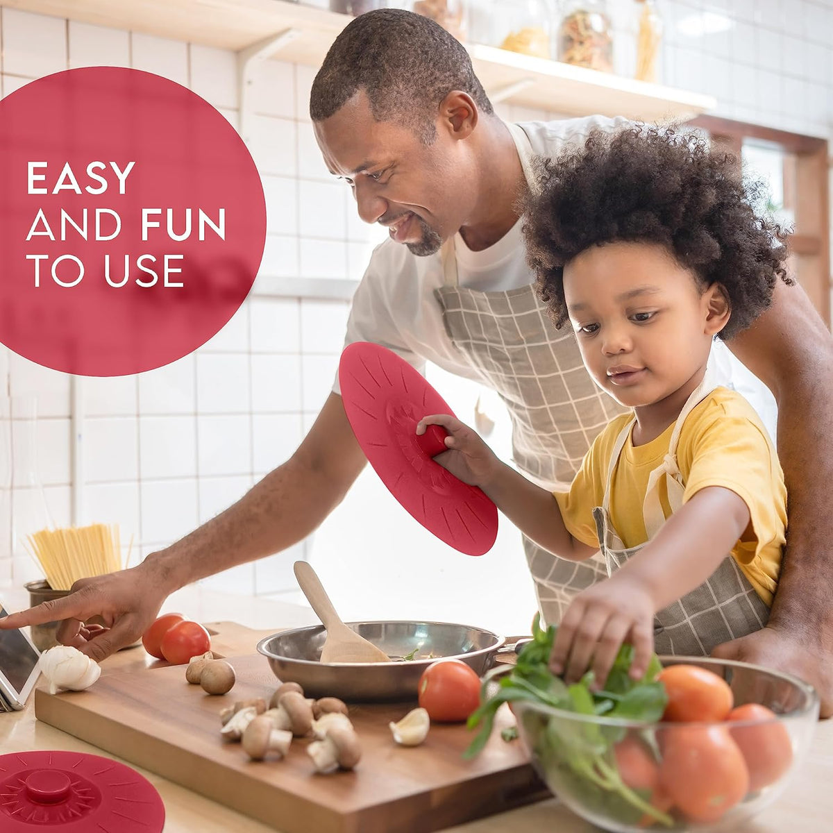 Silicone Bowl Lids Red, Set of 5 Reusable Suction Seal Covers for Bowls, Pots, Cups. Food Safe Natural grip, interlocking handles for easy use and storage.
