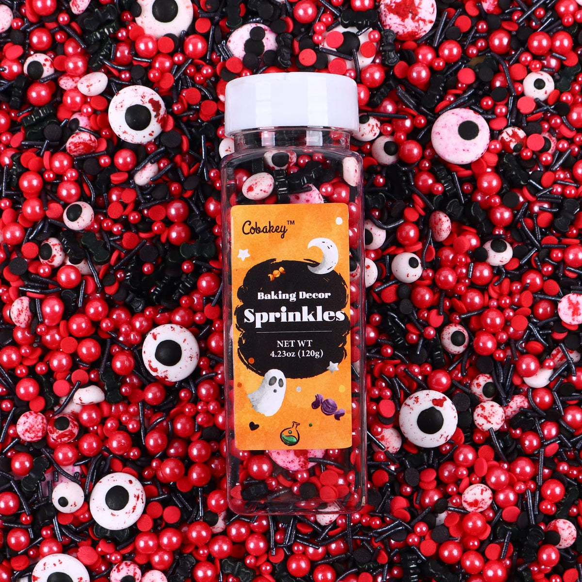 Halloween Sprinkles for Cake Decorating, Black & Red Pearl Sprinkles with Black Bats & Eyeball Candy, Perfect for Halloween Dessert Party 4.23 Ounce