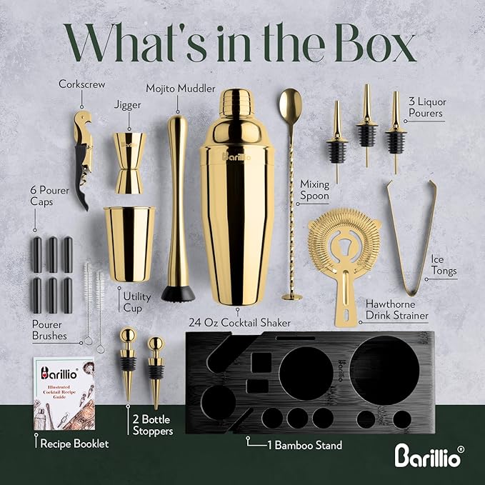 Barillio Gold Bartender Kit - Stainless-Steel Cocktail Shaker Set w/Black Bamboo Stand - Mixology Bar Tools w/Drink Shaker, Mixer, and Muddler for Cocktails - Home Bar Accessories - 23-Pc Bar Set