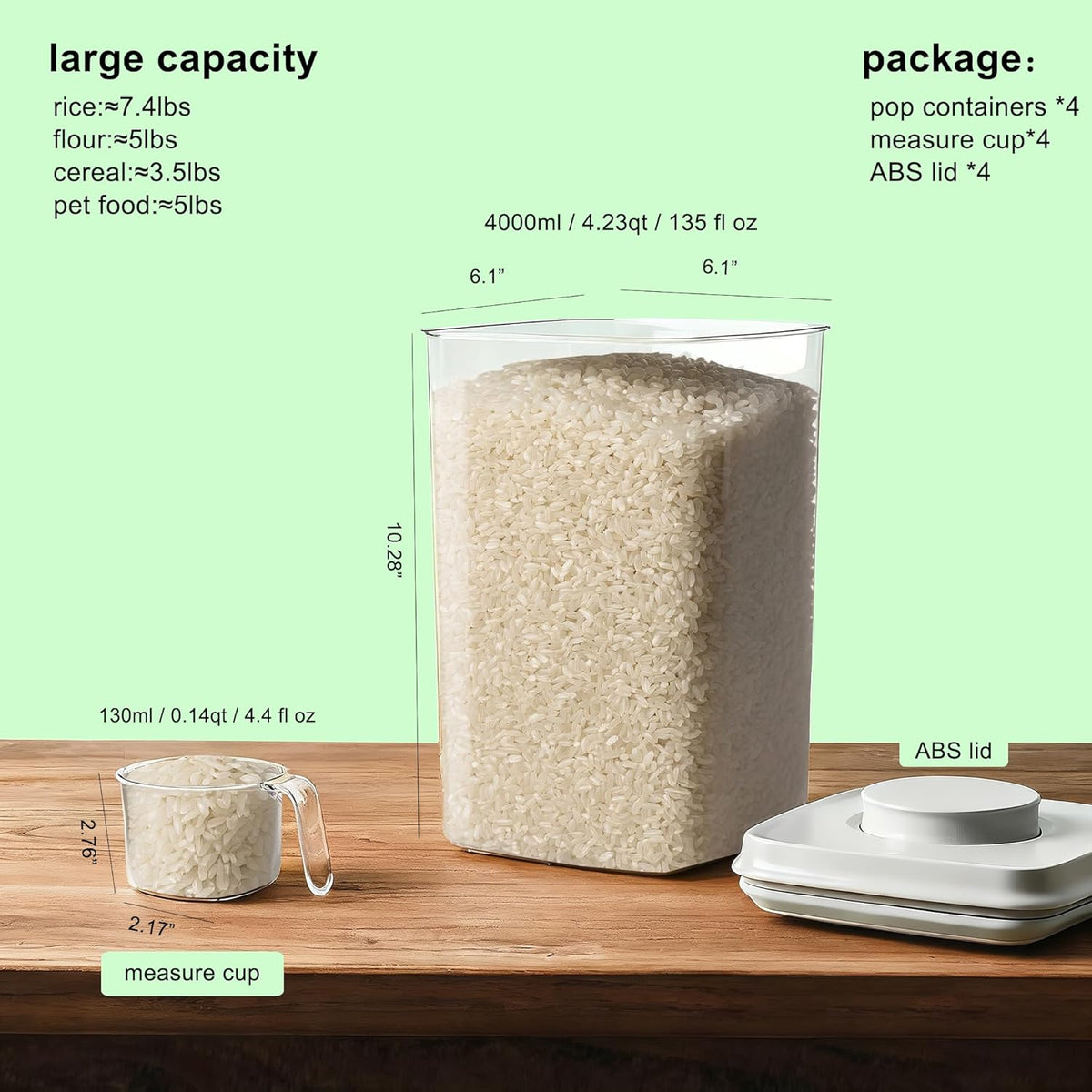 Rice Container Flour Container Airtight Food Storage Container - Pop Containers With Lids, Bpa Free Stackable Container for Coffee Cereal Spaghetti Kitchen Organizer (4000ml / 4.2qt *4)