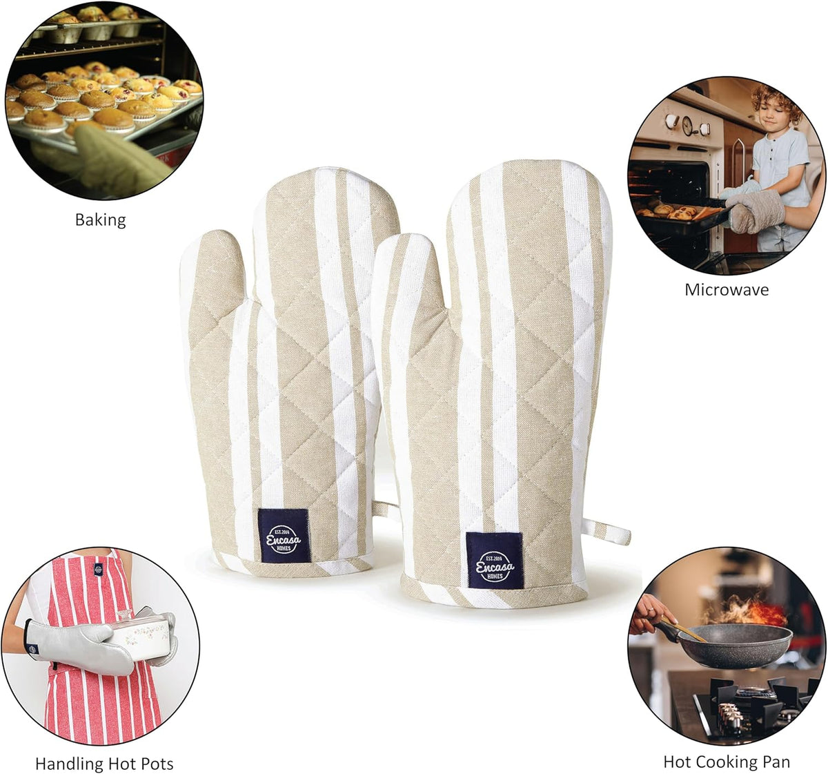 Encasa XO Long 12"x7" Oven Microwave Hand Gloves Mitts (2 pc Set) for Kitchen Cooking & Baking - Heat Resistant, Thick & Safe, Protection of Hands from Hot Utensils - Franca Beige Stripes