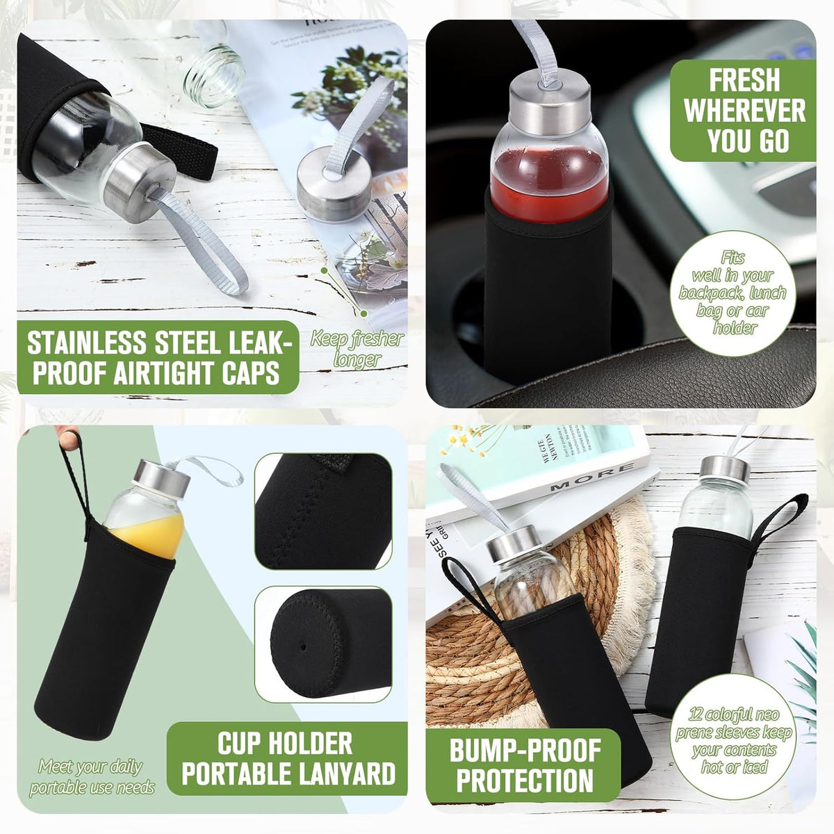 Vesici 12 Set 18 oz Clear Glass Water Bottles, Reusable Glass Juicing Bottles with Protection Sleeve and Stainless Steel Leak Proof Lids for Milk Smoothie Juice Beverage Tea (Black,Stylish)