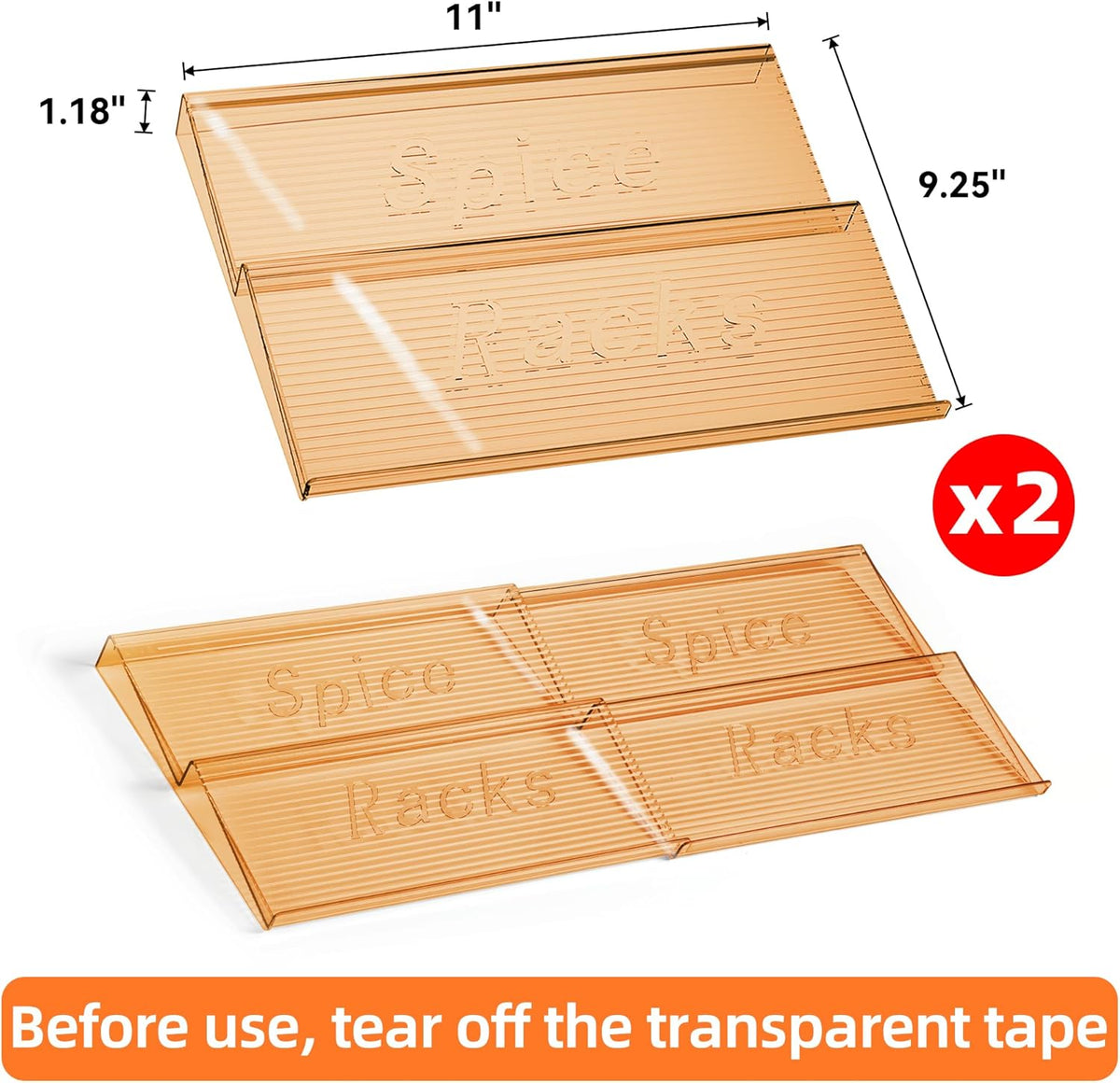 Spice Drawer Organizer, 2 Tier- 2 Pack Amber Acrylic Drawer Seasoning Organizer, Expandable From 11'' to 22'' Kitchen Spice Rack Organizers and Storage for Drawer (Jars not included)