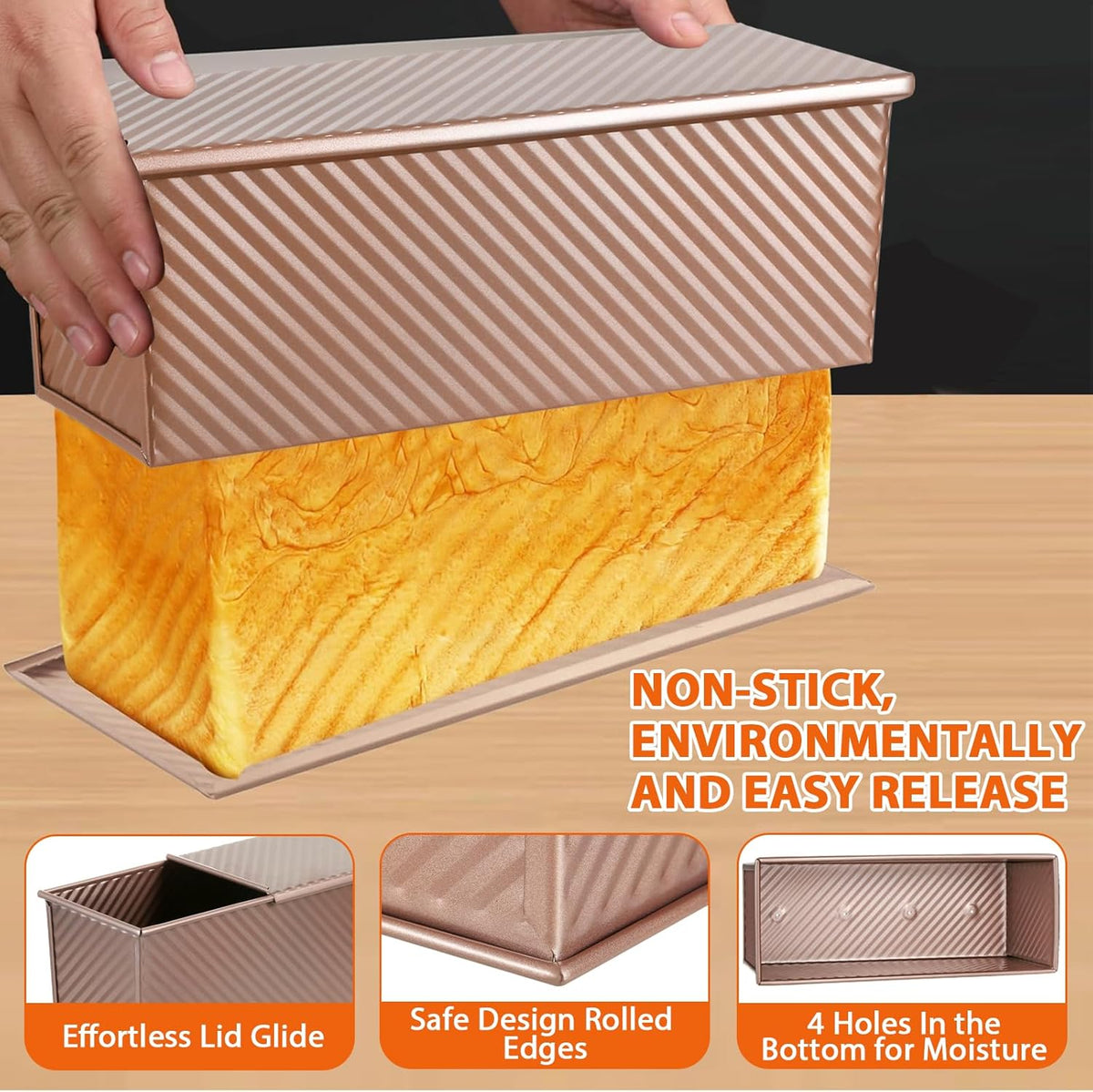Non-Stick Pullman Loaf Pan with Lid 13x4 Inch - 2.2lb Carbon Steel Bread Baking Pan with 4 Vent Holes, Heavy Duty Sourdough Loaf Pan with Cover for Homemade Sandwich Bread (Gold)