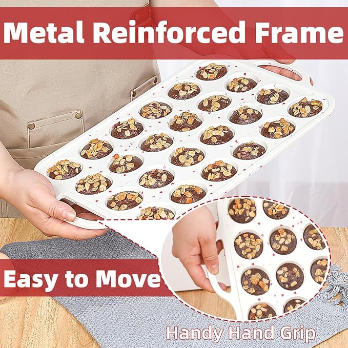 CAKETIME Mini Muffin Pan, Metal Reinforced Frame Mini Cupcake Pans 24 Cups Nonstick Muffin Silicone Molds with Handle for Baking Muffins, Cupcakes, Egg Bites 2 Pack Heart-Shaped