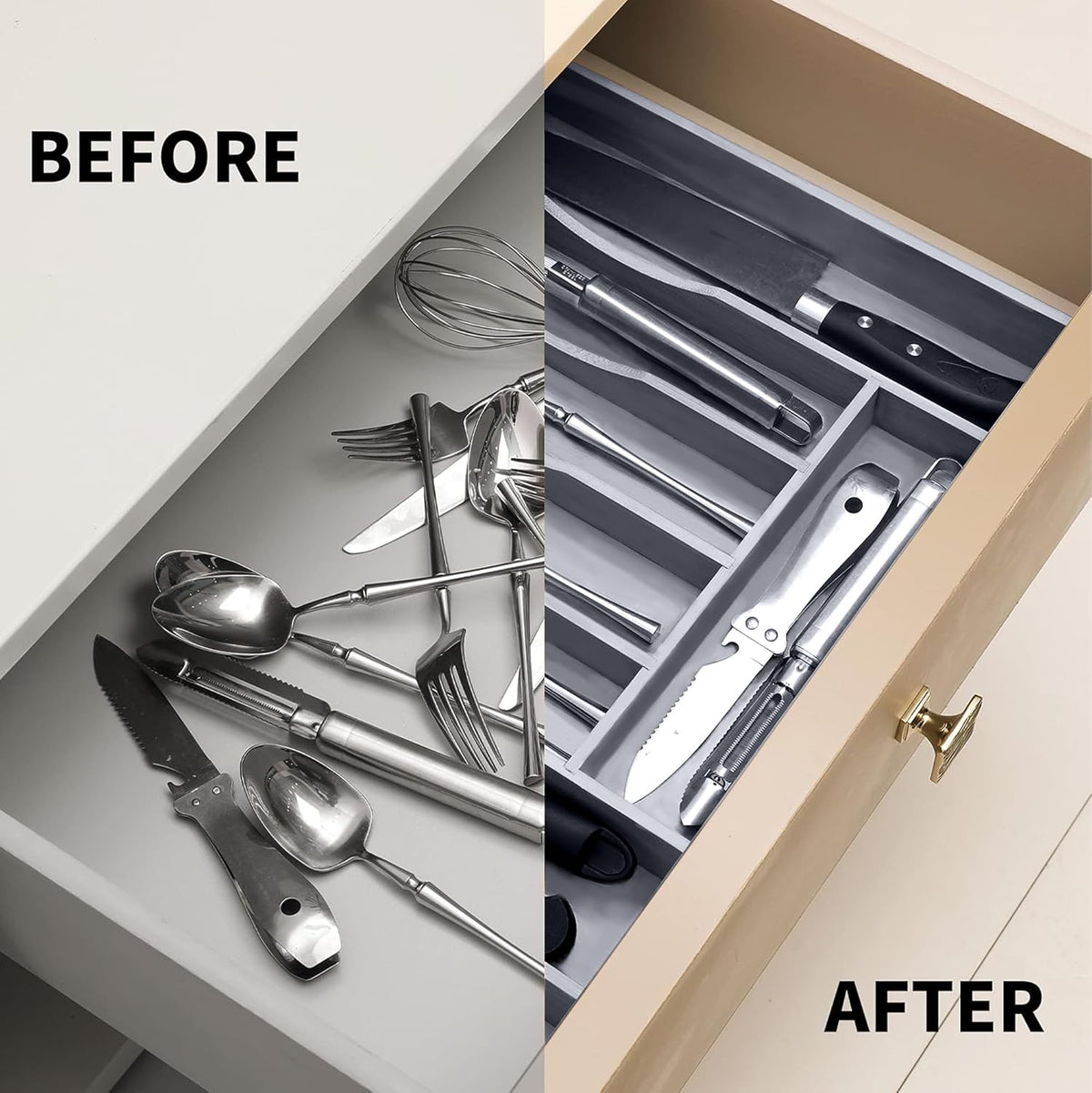 Expandable Bamboo Kitchen Drawer Organizer for Cutlery and Utensils, Adjustable Bamboo Wood Cutlery Tray in Drawer for Flatware and Silverware in Kitchen, (Grey)