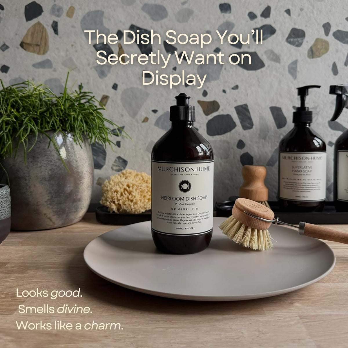 Murchison-Hume Dishwashing Soap, 17 fl oz - Original Fig Mild Dish Soap, Non-Toxic, Cuts Grease, Gentle on Hands, Biodegradable, Sulfate-Free, Sustainable, Counter Worthy Design
