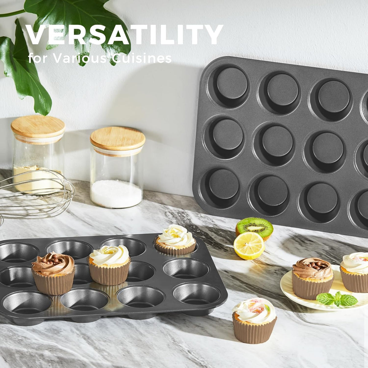 HONGBAKE Muffin Pan with 500 Cupcake Liners, Nonstick Cup Cake Tin for Baking,Premium 12 Cup Cheesecake Trays - Dark Grey