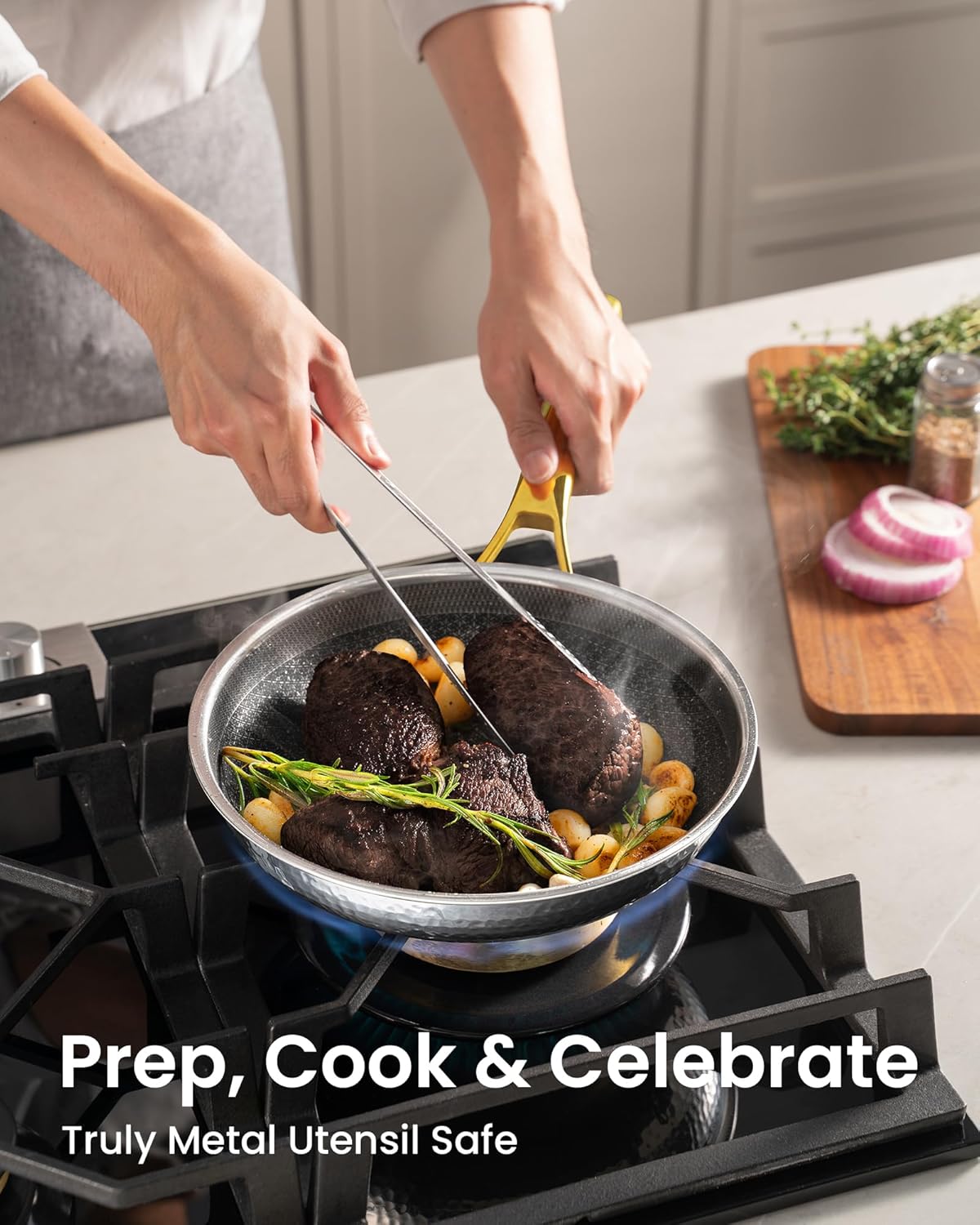 Gold Pots and Pans Set, Hybrid Hammered Stainless Steel, 10PC Nonstick Kitchen Cookware Sets w/Frying pan, Non Toxic, Oven Safe & Compatible with All Stovetops