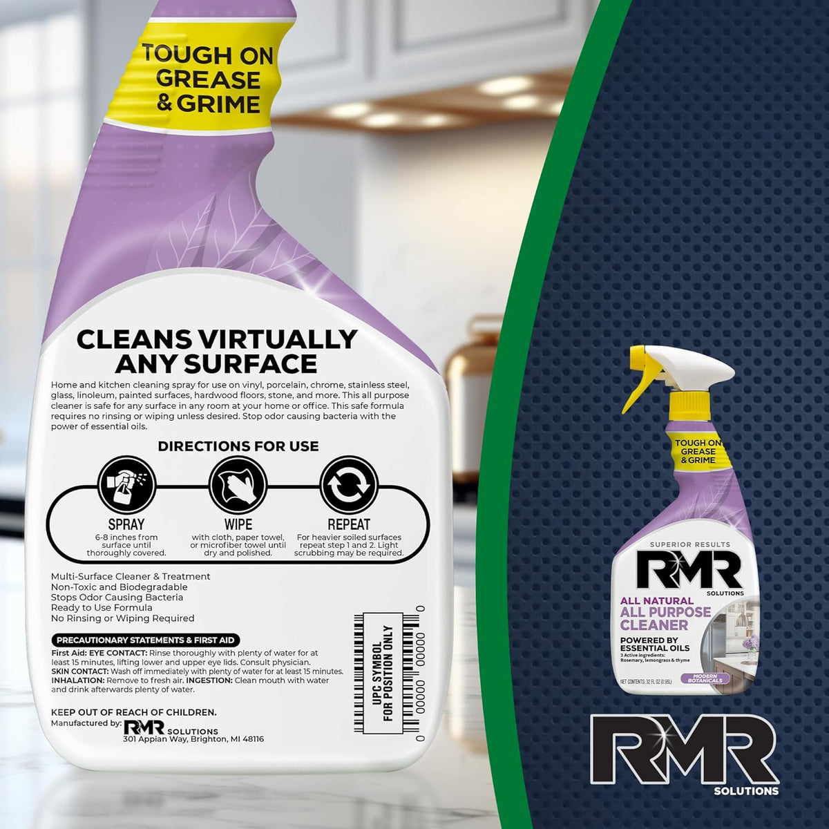 RMR All Natural All-Purpose Cleaner - Non-Toxic, Rinse-Free Multipurpose Cleaning Supplies, Biodegradable, Modern Botanical Scent, 32-Ounce Spray, 2 Pack