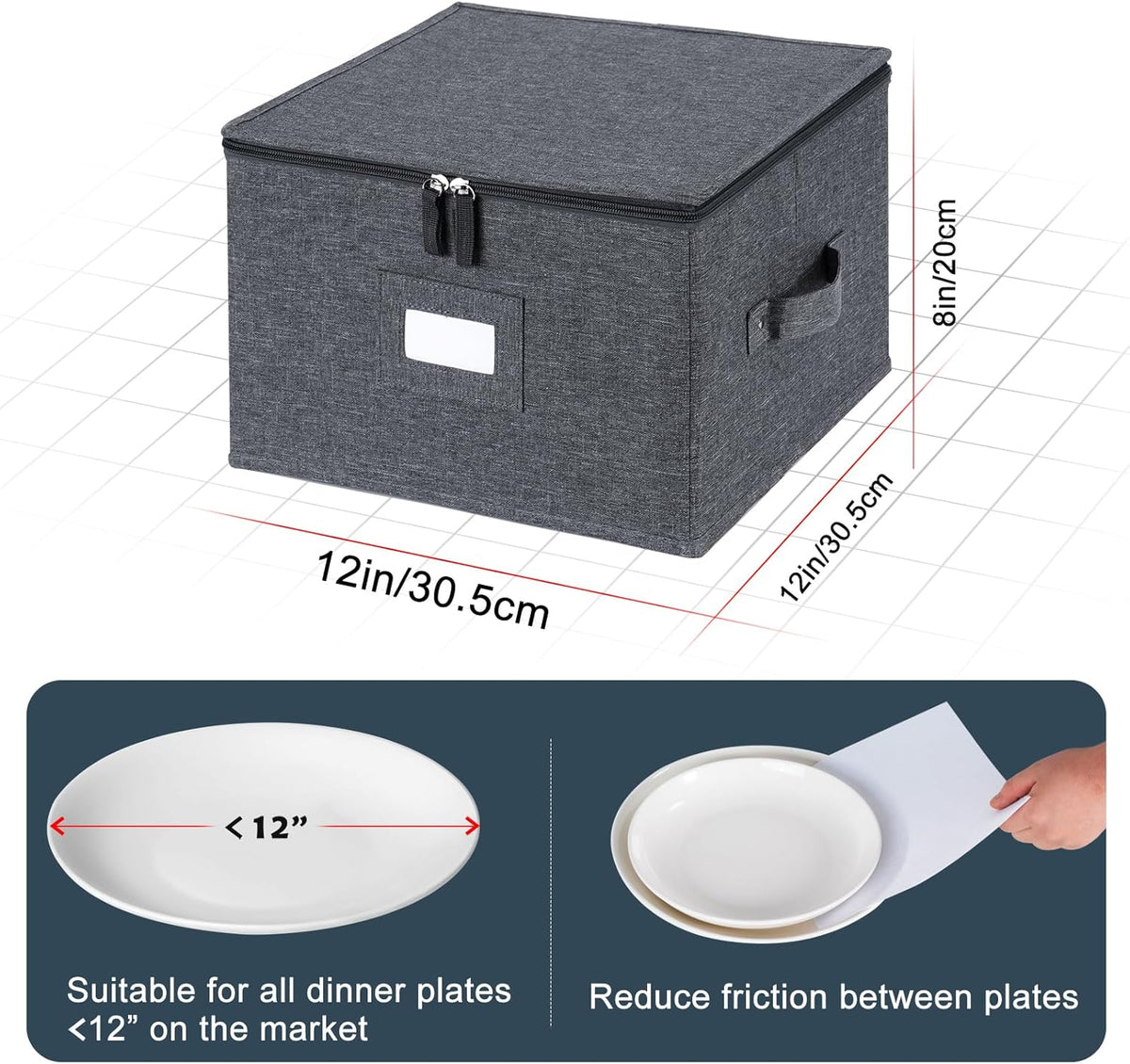 popoly China Storage Containers Hard Shell Inside 12" W x 8" H, Dinner Plate Storage Containers for Dishes, Dinnerware with 24 Felt Dividers, Hold 24 Plates, Stackable (2 Pack Grey)