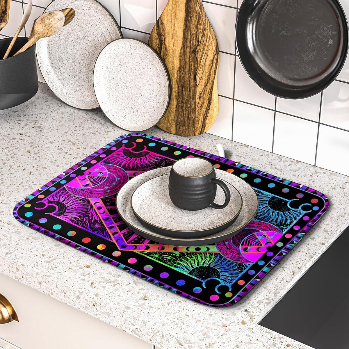 Purple Absorbent Dish Drying Mat Sun and Moon Microfiber Drying Pad for Kitchen Counter Decor Small