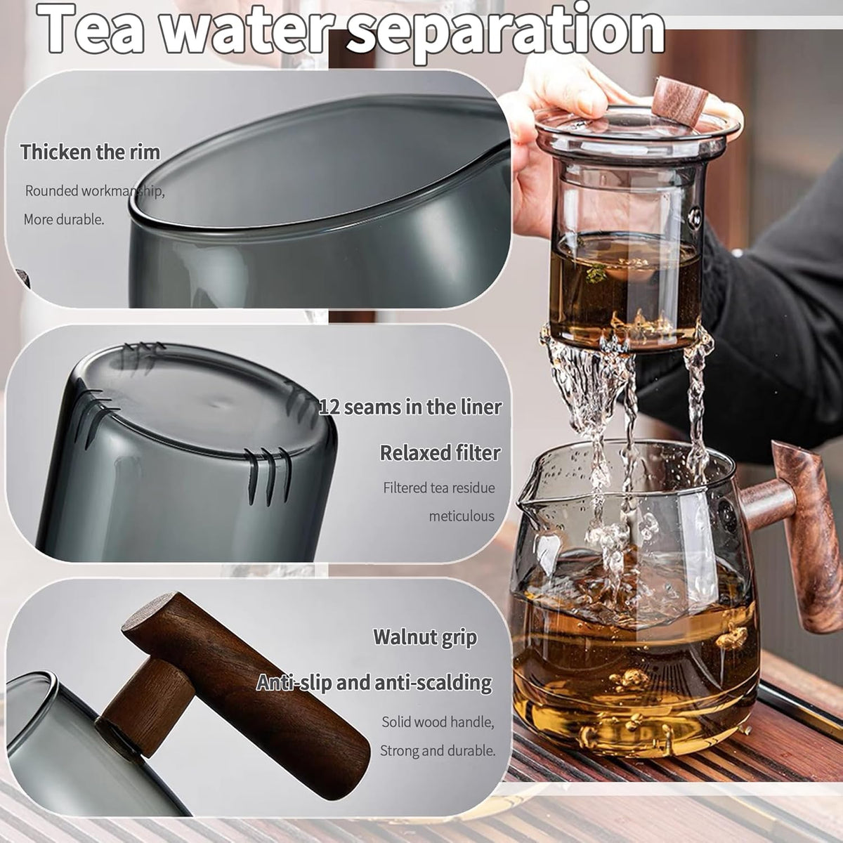 Glass Teapot,18.6oz/550ml Glass Tea Kettle With Wooden Handle,Stovetop & Microwave Safe Glass Borosilicate Teapot,Teapot With Infuser