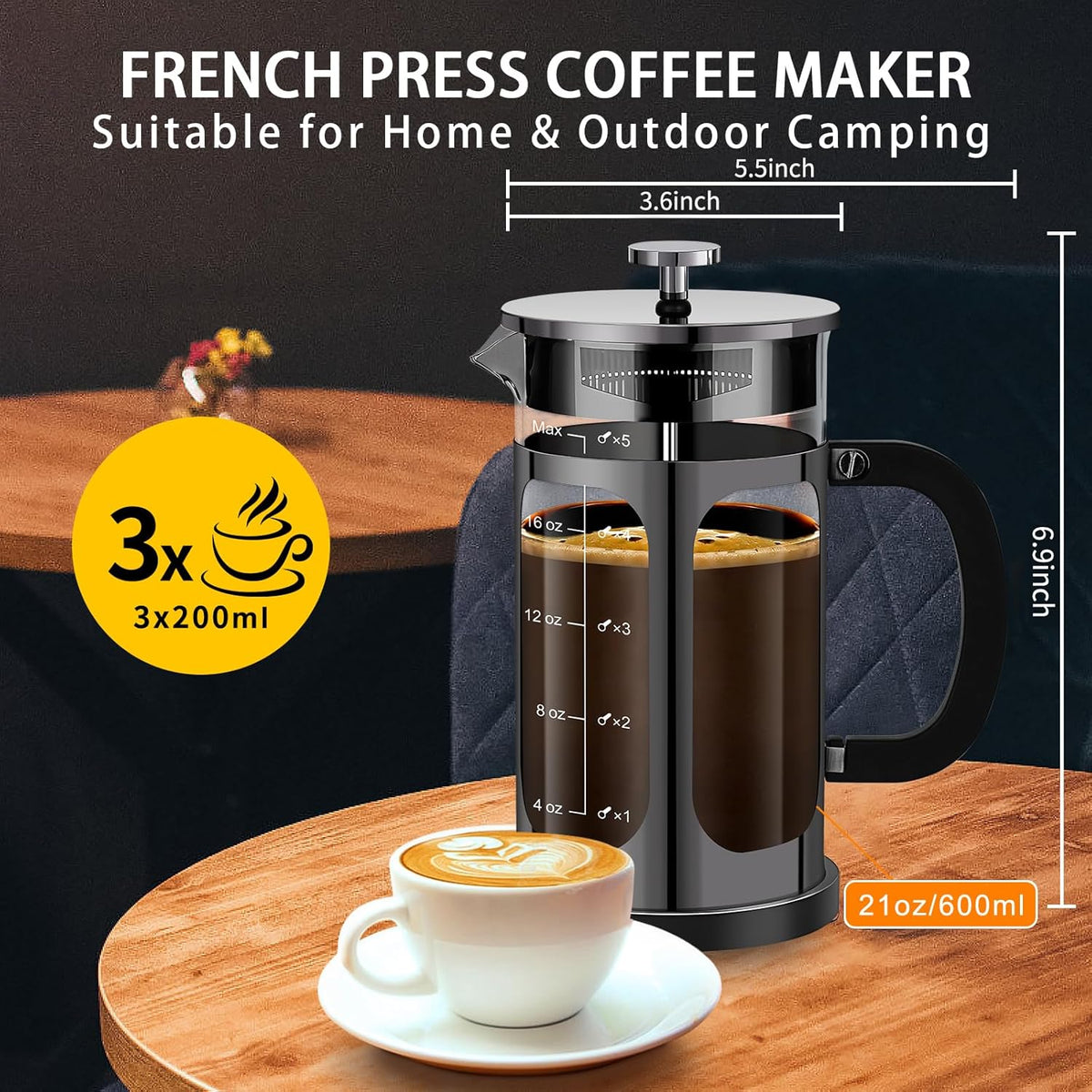 French Press Coffee Maker (21oz 600ML 3-4Cup) Coffee Press, with 4 Filters System, Heat Resistant Thickness Borosilicate Glass, Cold Brew Coffee Tea Pot Gifts (Bright Black)