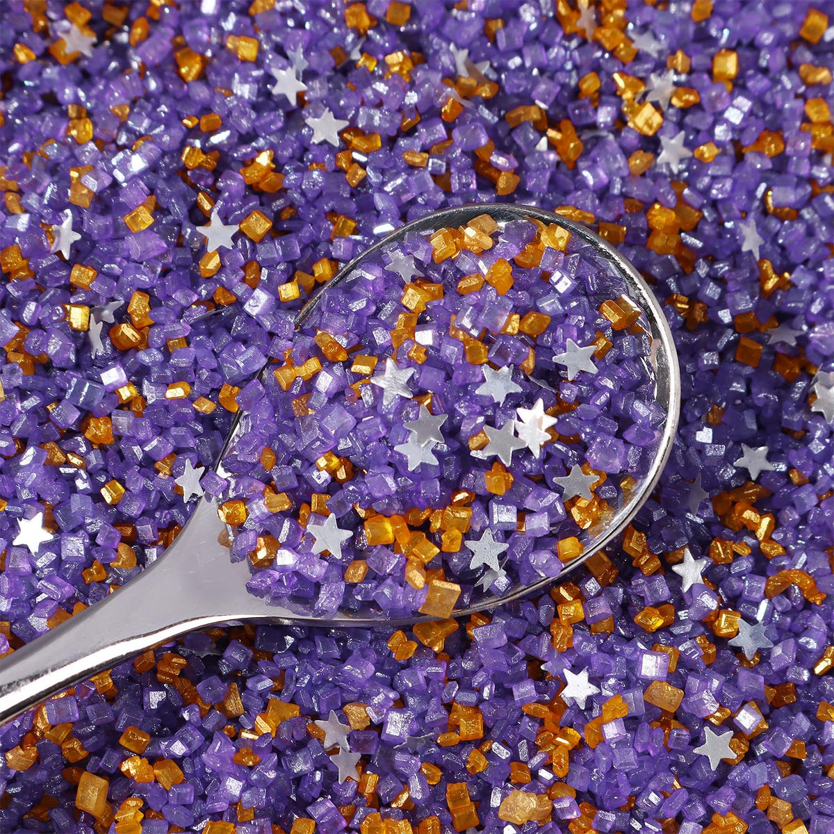 Sanding Sugar Edible Silver Glitter Stars Mix, Edible Purple Gold Sugar Sprinkles for Cake Decorating, Cupcake Toppers Cookie Decorations For Wedding Party Celebrations 3.5oz