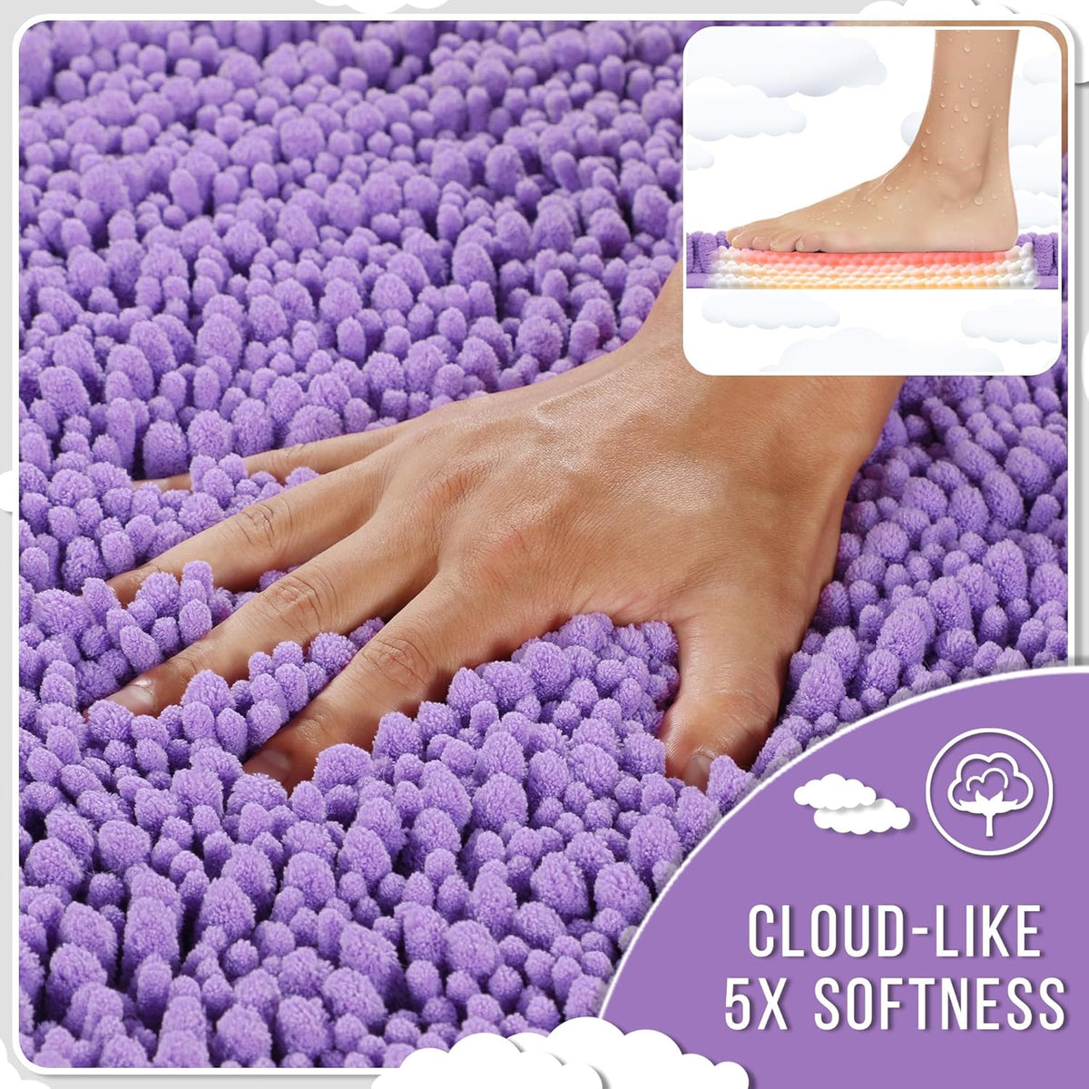 Yimobra Large Bathroom Rugs Non Slip Washable 36x24 Inch - Ultra Soft Absorbent Chenille Bath Mat, Quick Dry Shaggy Floor Carpet for Tub Shower, Lavender Home Decor Accessories