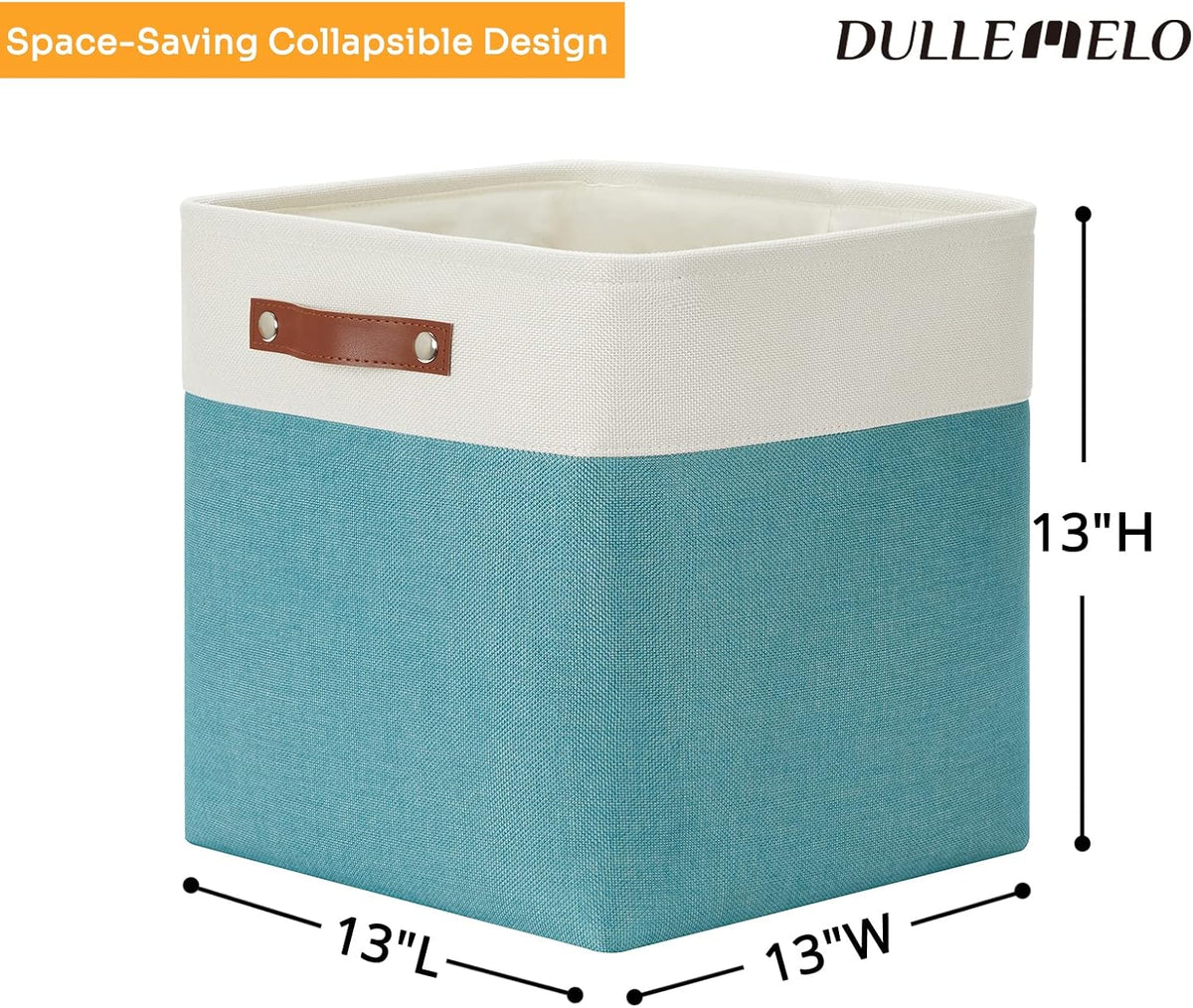 DULLEMELO Storage Bins for Organizing,Closet Storage Baskets for Gift Empty,Large Linen Canvas Storage Bins with Handles for Home Office Toys Shelves(White&Teal, 13 inch Cube)