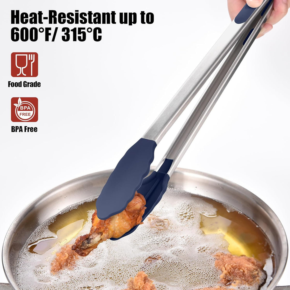 Doosu Kitchen Tongs for Cooking - 600°F Heat Resistant Food Tong with Non-Scratch Silicone Tips, Heavy Duty Stainless Steel Locking Tong for BBQ, Grilling Steak, Serving Salad Pasta (16in, Navy Blue)