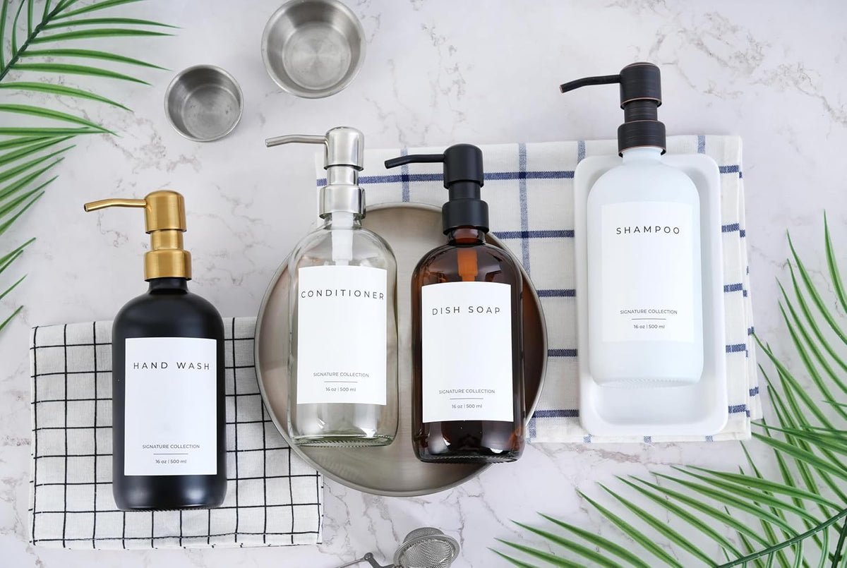 Emerson Essentials Soap Dispenser, Dish Bottle Dispenser for Kitchen, Farmhouse Hand Soap Dispenser, Kitchen Set, Glass Bottles with Pump and Labels | 16 Oz, 2-Pack