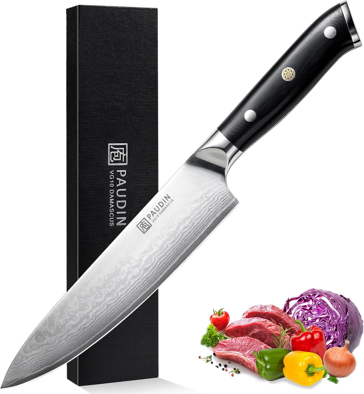 PAUDIN Damascus Chef Knife, 8 Inch Kitchen Knife, 67 Layers Damascus Steel Knife Japanese VG10 Core, Professional Chefs Knife with Ergonomic G10 Handle