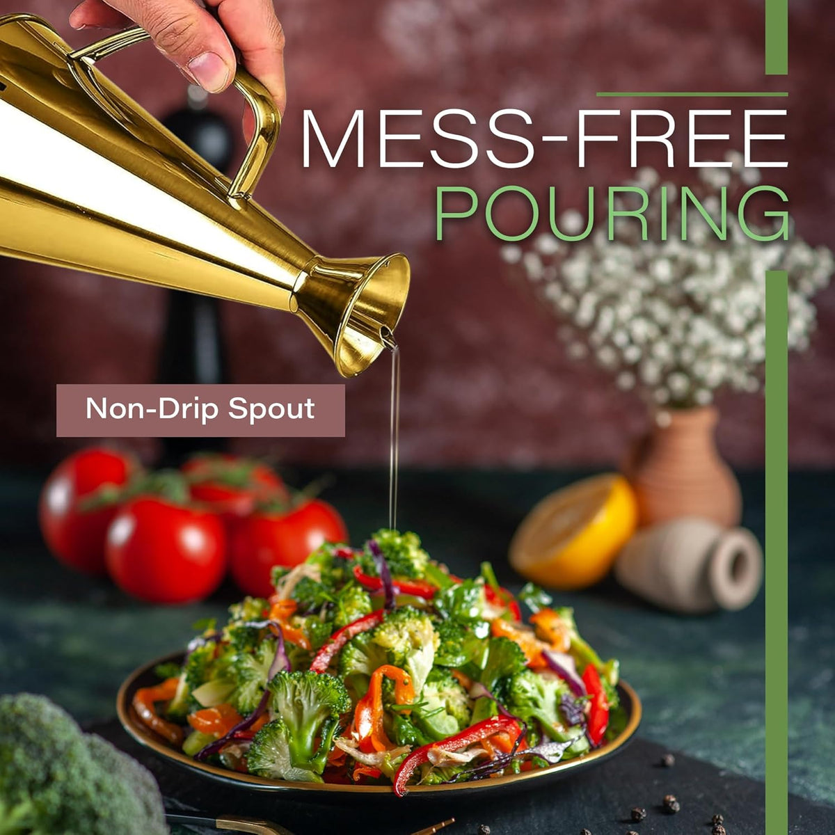 Olive Oil Dispenser Bottle Stainless Steel Non Drip Leak Proof No Mess Vinegar Pourer & Kitchen Drizzler 17 oz 500ML 0.5 Litre Great for Pouring & Drizzling Easy to Clean & Leakproof