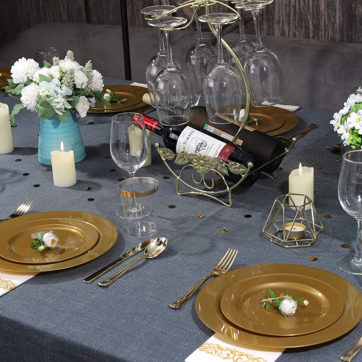 I00000 102 Pieces Solid Gold Disposable Plates, Gold Plastic Plates Premium Plastic Party Plates Includes: 51 Dinner Plate 10.25 Inch and 51 Salad/Dessert Plate 7.5 Inch for Wedding & Party