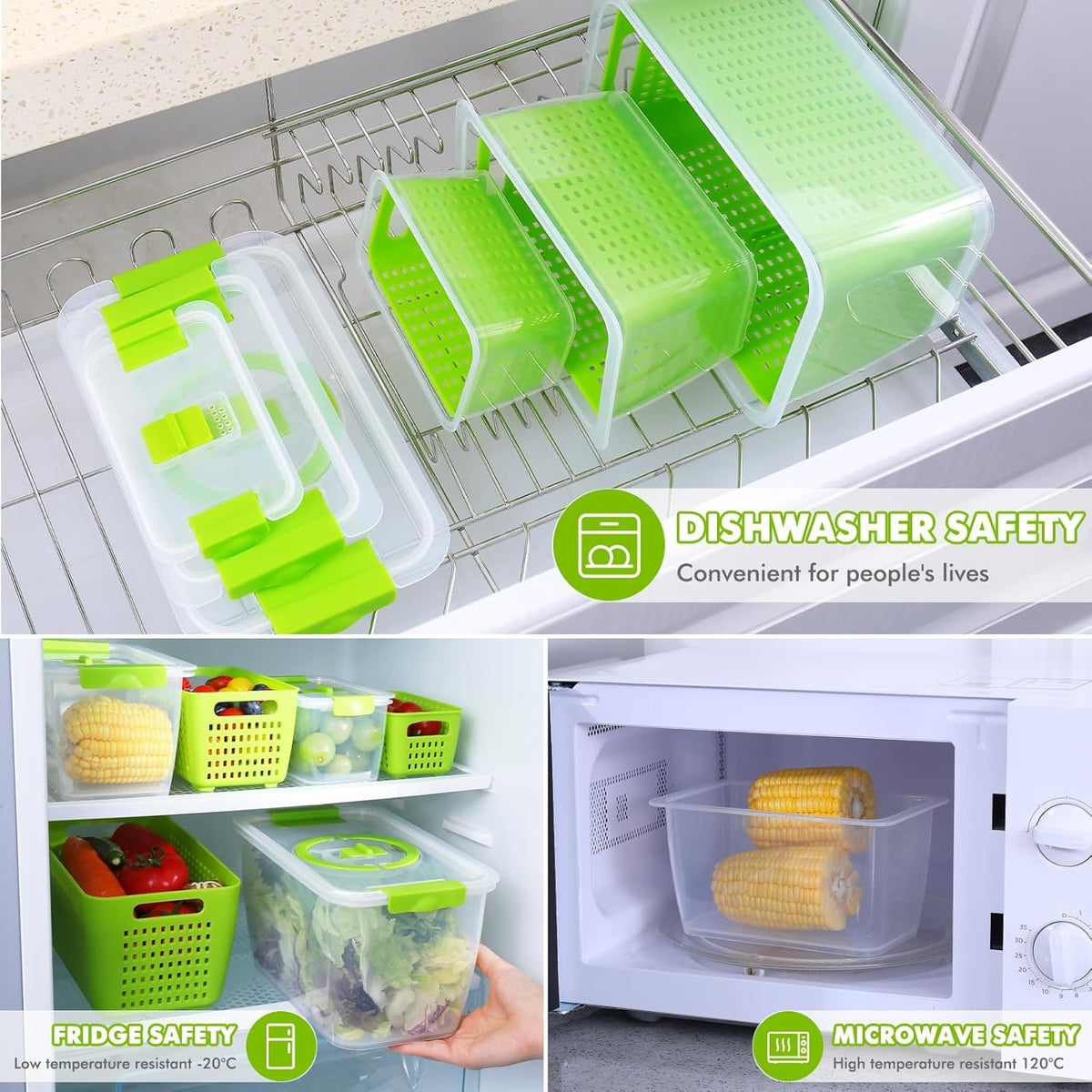 LUXEAR Produce containers for fridge,3 Set Fruit Containers with Removable Colander, BPA-Free Produce Saver Containers with Lids Dishwasher&Microwave Safe Keep Fruits, Vegetables, Berry, Fresh Longer