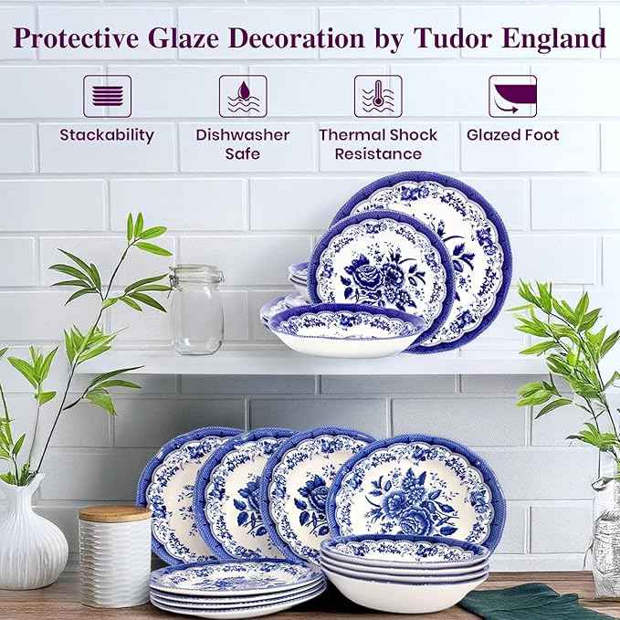 Tudor Royal 12-Piece Porcelain Round Dinnerware Set, Service for 4, Victoria Blue Design, Blue Floral, Plates Bowls Dishes, Glossy, Premium Quality Tableware, Unique Pattern