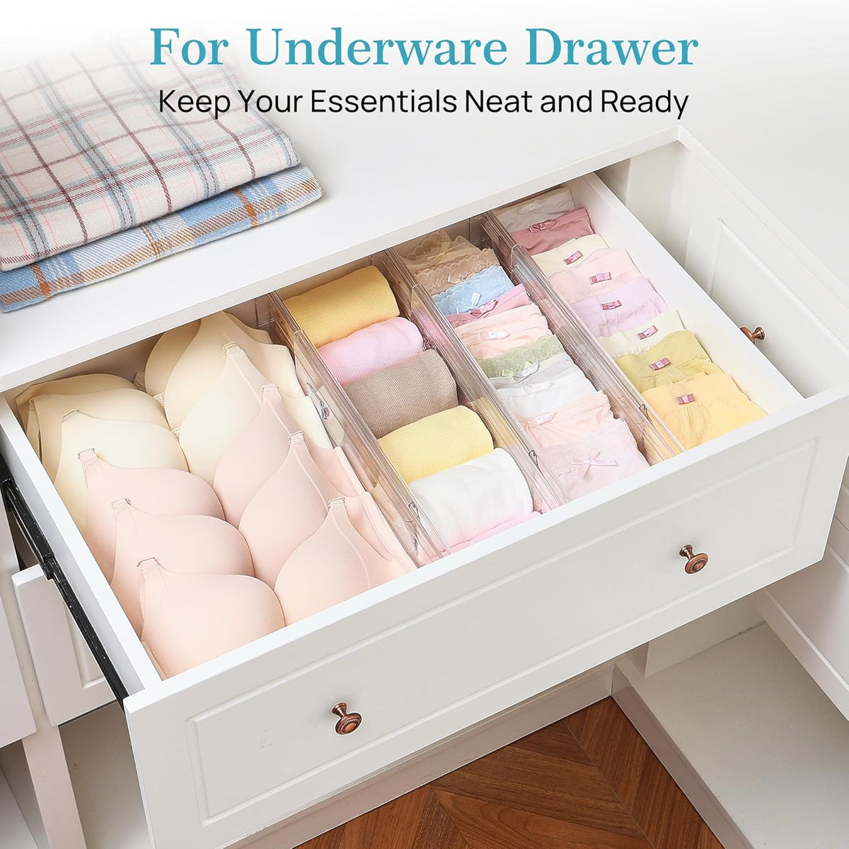 Vtopmart 8 Pack 4" Regular Upgrade Drawer Dividers for Clothes, 12.8"-22.3" Expandable Dresser Drawer Organizer, Clear Plastic Separators for Dresser, Baby Clothing, Underwear, Cosmetic, Toiletries