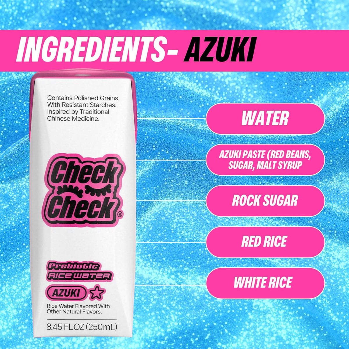 CheckCheck Prebiotic Rice Water, Dawn, Dusk, and Azuki, 12 Pack, 8.45 fl oz Bottles (12 Pack, Azuki)