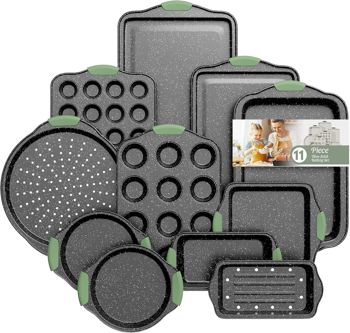 11-Piece Nonstick Bakeware Set, Stackable & Oven-Safe Kitchen Baking Pans with Silicone Handles - Includes Cookie Sheet, Cake Pan, Muffin Tin, Pizza Stone & Bread Loaf Pan, Dark Green&Black