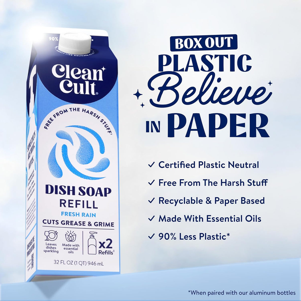 Cleancult Dish Soap Liquid Refill (32oz, 3 Pack) - Plant Based Cleaning Power - Dish Soap that Cuts Grease & Grime - Free of Harsh Chemicals - Uses 90% Less Plastic - Fresh Rain