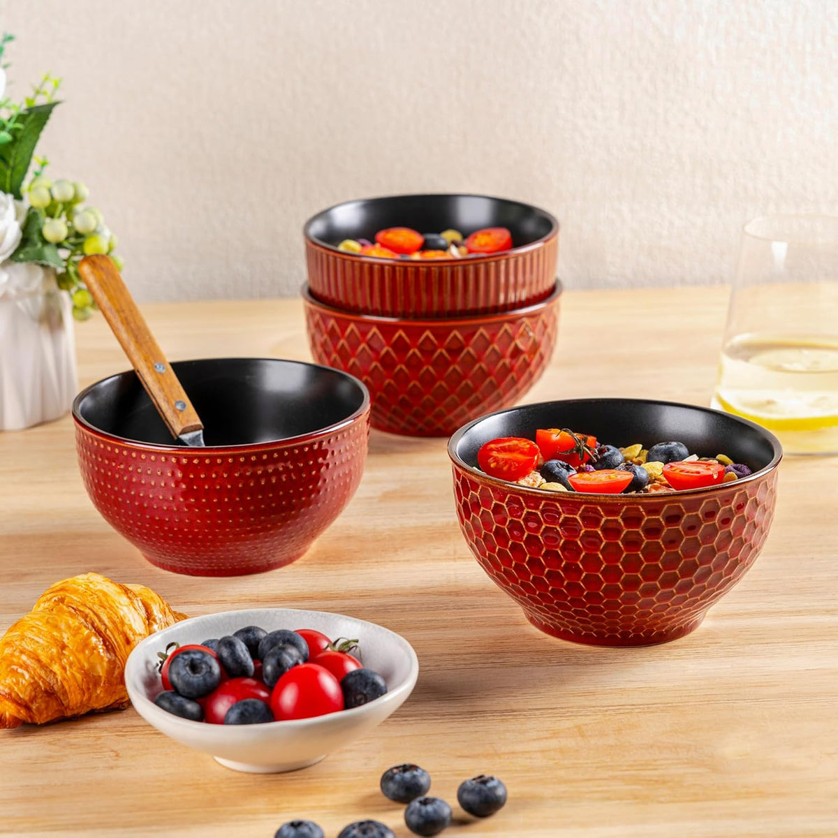 GBHOME Stoneware Cereal Bowls Set of 4, 24 oz Ceramic Soup Bowls with Texture Patterns for Soup,Oatmeal,Snack Perfect for Wedding, House-warming Gift -Rythmic Red