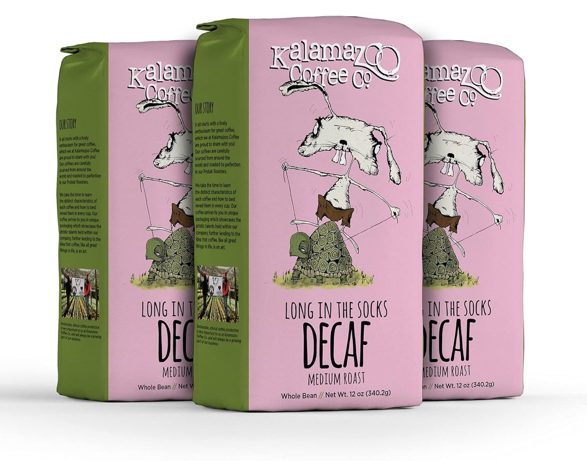 KALAMAZOO COFFEE COMPANY Decaf Whole Bean Coffee - Long in the Socks Medium Roast | 12oz Bag (3 Pack)