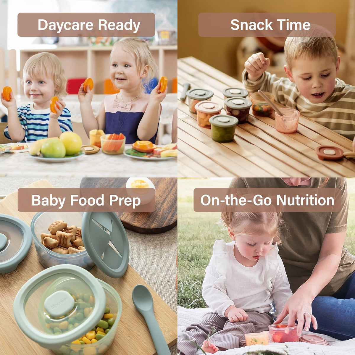 Moonkie Silicone Snack Containers for Kids and Toddlers | 8 oz Baby Food Containers with Airtight Lids and A Snack Lid | Baby Food Jars | BPA Free | Freezer & Dishwasher Safe | 6 Pack