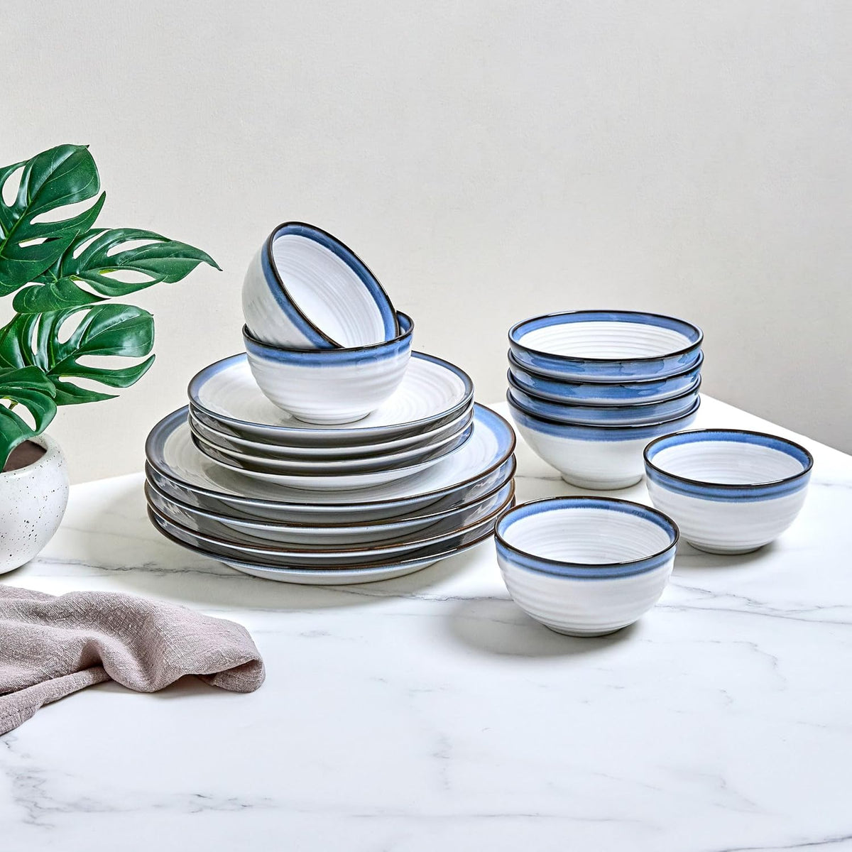 Sango Siterra Santorini 16-Piece White Stoneware Dinnerware Set – Service for 4, Plate & Bowl Set, Rustic White with Reactive Blue Glaze, for Daily Dining & Entertainment, Microwave & Dishwasher Safe