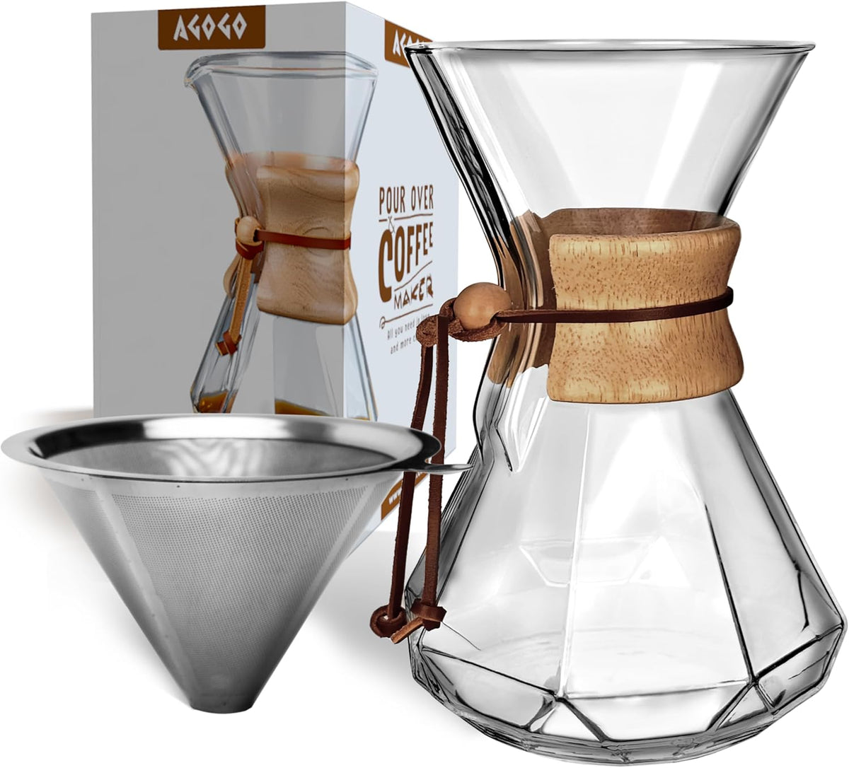 AGOGO Pour Over Coffee Maker Glass - 6/8/10 Cup Barista Kit with 304 Stainless Filter for Home, Office, Camping, Cafes - Easy Clean Coffee Dripper Set (Rag&Brush Included) (10 Cup/34 oz-Diamond Shape)