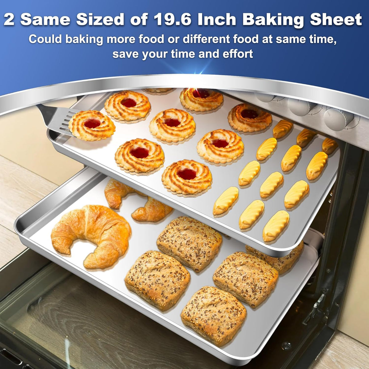 P&P CHEF Baking Cookie Sheet Set of 2, 19.6 Inch Stainless Steel Cookie Sheet Pan, Large Baking Pan Bakeware, Heavy Duty & Healthy, Oven & Dishwasher Safe