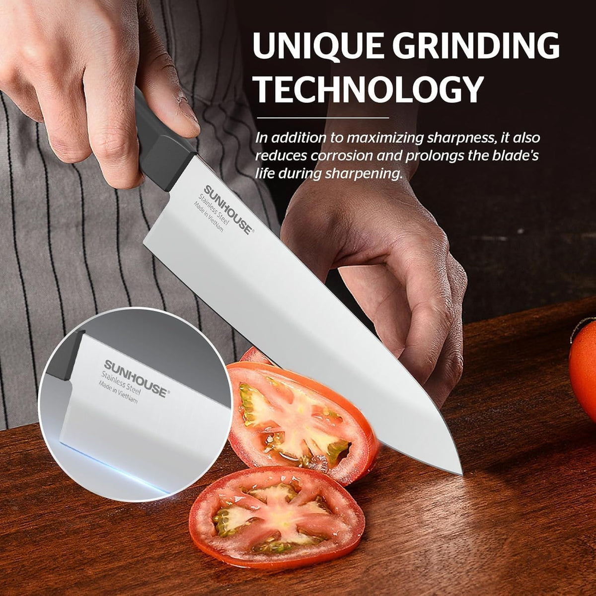 Sunhouse Chef Knife, 7.5 Inch High Carbon Stainless Steel Sharp Kitchen Knife with Ergonomic Handle, Ultra-durable 2-layer Molded Handle, A Useful Chef Gift for Mom and Dad