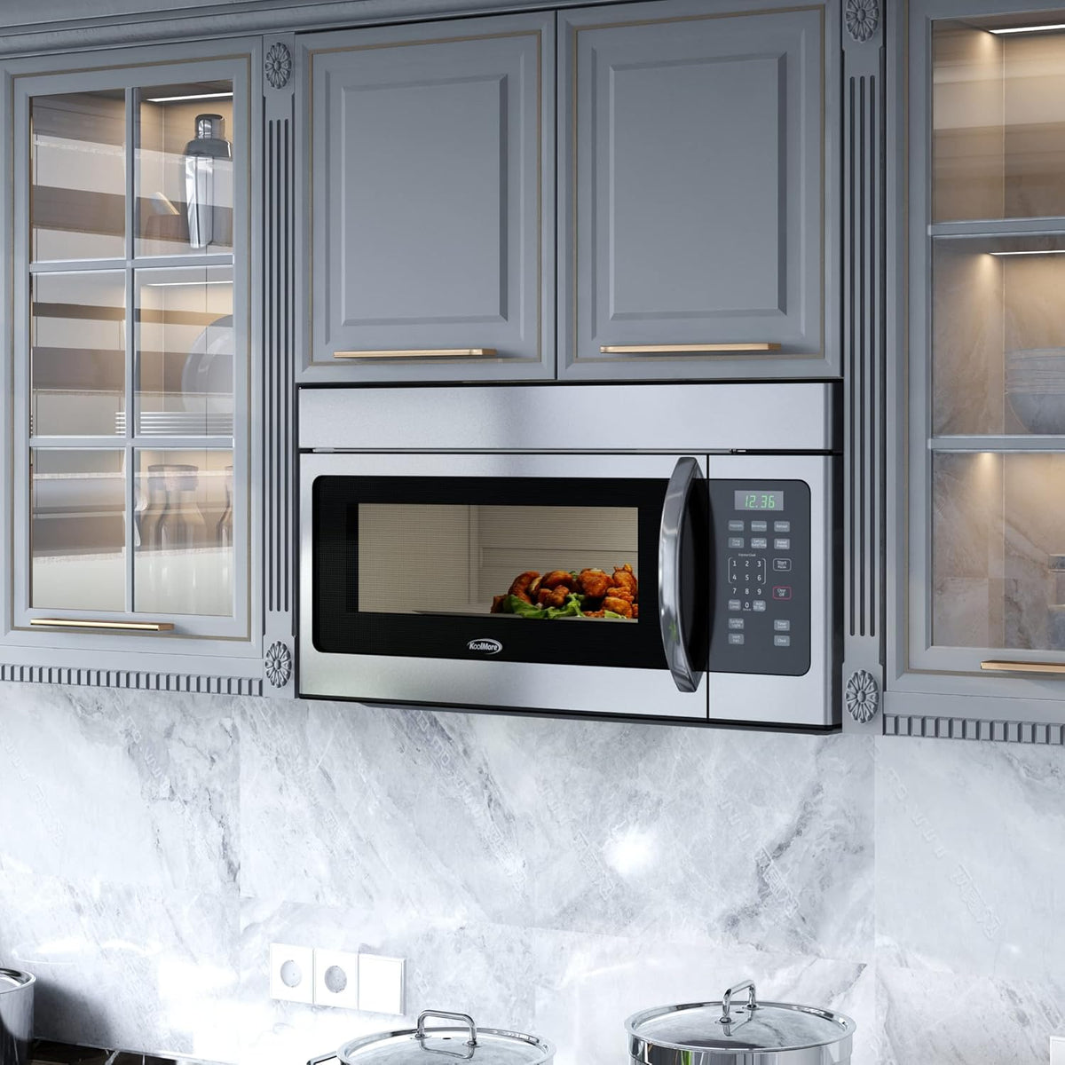 KoolMore KM-MOT-1SS Range Microwave Oven Lamp and 300CFM Recirculation Vent Hood, Auto Cook Menus, Reheat Function, 10 Power Levels, Timer, and Weight Defrost, 30 in/1.6 Cu. Ft, Silver